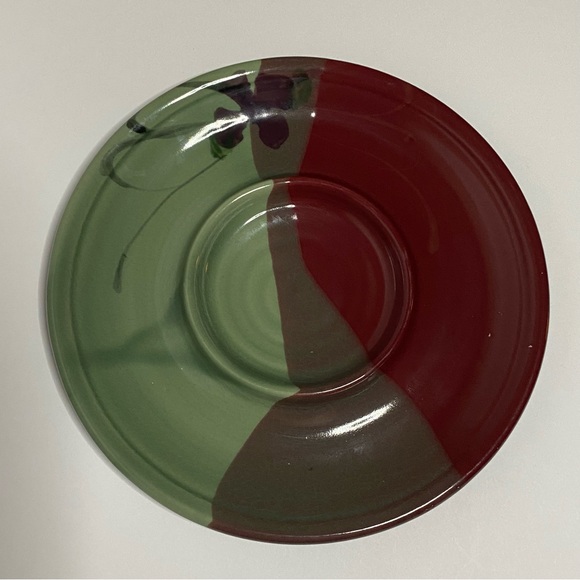 Follette Pottery Signed Bread And Oil Dipping Plate Burgundy Green 10.5" Round - Picture 1 of 5